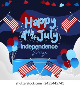 United States Independence Day square banner in colorful modern geometric style. USA National Day greeting card cover on 4th of July with country flag. Backgrounds for celebrating national holidays