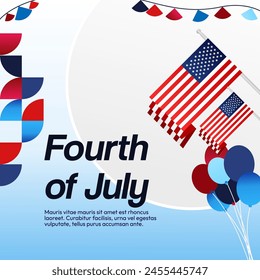 United States Independence Day square banner in colorful modern geometric style. USA National Day greeting card cover on 4th of July with country flag. Backgrounds for celebrating national holidays