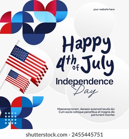 United States Independence Day square banner in colorful modern geometric style. USA National Day greeting card cover on 4th of July with country flag. Backgrounds for celebrating national holidays
