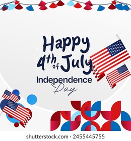 United States Independence Day square banner in colorful modern geometric style. USA National Day greeting card cover on 4th of July with country flag. Backgrounds for celebrating national holidays