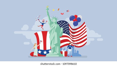 United States Independence Day Tiny People Character Concept Vector Illustration, Suitable For Wallpaper, Banner, Background, Card, Book Illustration, Web Landing Page, and Other Related Creative