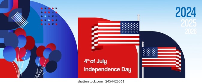 United States Independence Day wide banner in colorful modern geometric style. USA National Day greeting card cover on 4th of July with country flag. Vector illustration celebrating national holidays