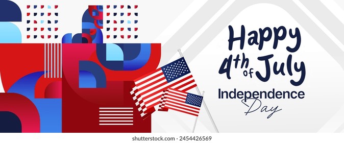 United States Independence Day wide banner in colorful modern geometric style. USA National Day greeting card cover on 4th of July with country flag. Vector illustration celebrating national holidays