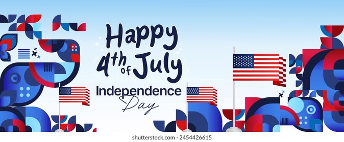 United States Independence Day wide banner in colorful modern geometric style. USA National Day greeting card cover on 4th of July with country flag. Vector illustration celebrating national holidays