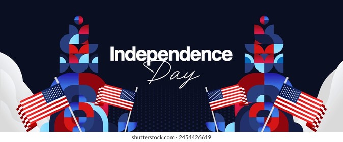 United States Independence Day wide banner in colorful modern geometric style. USA National Day greeting card cover on 4th of July with country flag. Vector illustration celebrating national holidays