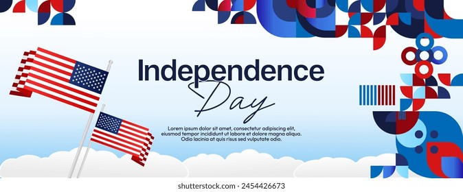 United States Independence Day wide banner in colorful modern geometric style. USA National Day greeting card cover on 4th of July with country flag. Vector illustration celebrating national holidays