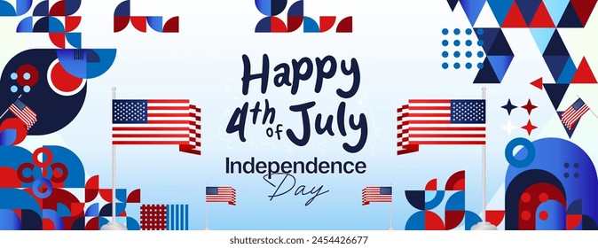 United States Independence Day wide banner in colorful modern geometric style. USA National Day greeting card cover on 4th of July with country flag. Vector illustration celebrating national holidays