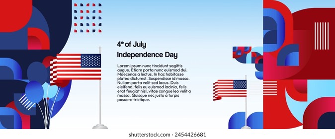 United States Independence Day wide banner in colorful modern geometric style. USA National Day greeting card cover on 4th of July with country flag. Vector illustration celebrating national holidays