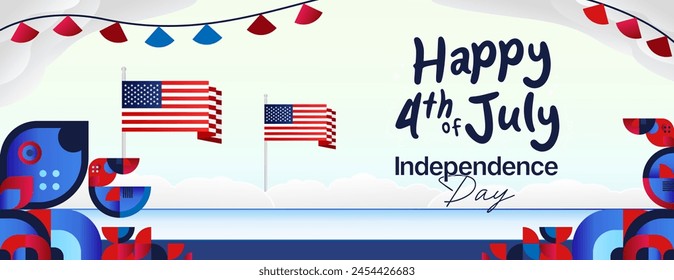 United States Independence Day wide banner in colorful modern geometric style. USA National Day greeting card cover on 4th of July with country flag. Vector illustration celebrating national holidays