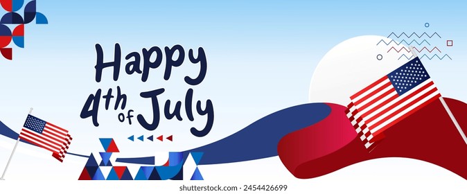 United States Independence Day wide banner in colorful modern geometric style. USA National Day greeting card cover on 4th of July with country flag. Vector illustration celebrating national holidays