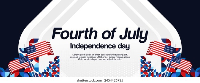 United States Independence Day wide banner in colorful modern geometric style. USA National Day greeting card cover on 4th of July with country flag. Vector illustration celebrating national holidays