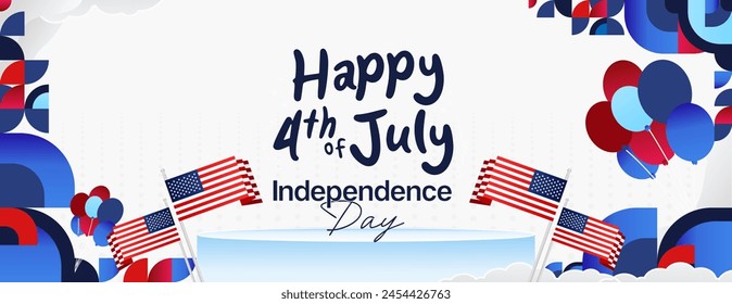 United States Independence Day wide banner in colorful modern geometric style. USA National Day greeting card cover on 4th of July with country flag. Vector illustration celebrating national holidays