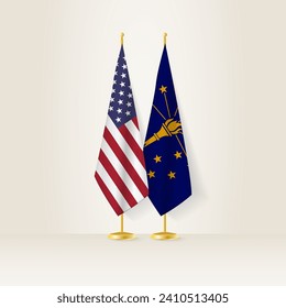 United States and Indiana national flag on a light background. Vector illustration.