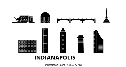 United States, Indianapolis  flat travel skyline set. United States, Indianapolis  black city vector panorama, illustration, travel sights, landmarks, streets.