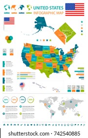 United States infographic map and flag - vector illustration
