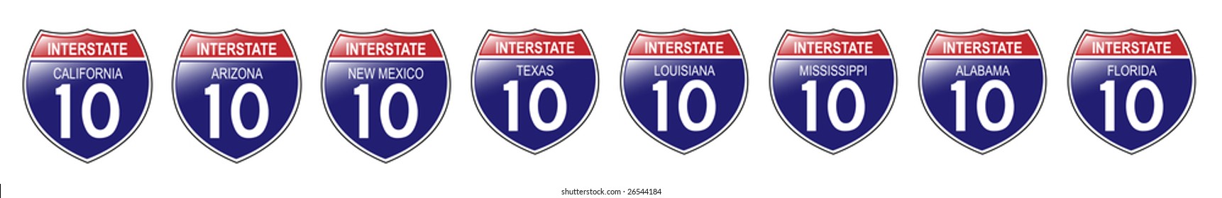 United States Interstate 10 Signs, from California to Florida, with reflective-looking surface.