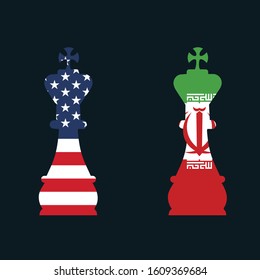 United States and Iran flag chess icon. USA and Iranian chess pieces isolated on black background.