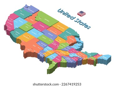 United States isometric multilevel colorful map with states capitals and largest cities on it