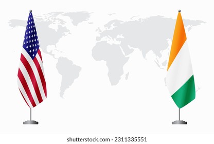 United States and Ivory Coast flags for official meeting against background of world map.