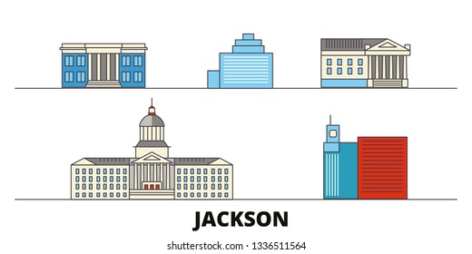 United States, Jackson flat landmarks vector illustration. United States, Jackson line city with famous travel sights, skyline, design. 
