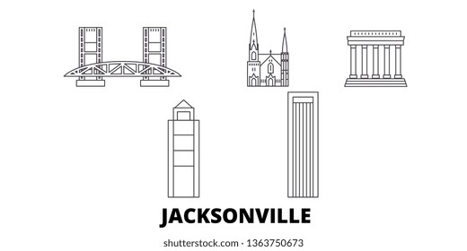 United States, Jacksonville line travel skyline set. United States, Jacksonville outline city vector illustration, symbol, travel sights, landmarks.