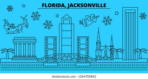 United States, Jacksonville winter holidays skyline. Merry Christmas, Happy New Year decorated banner with Santa Claus.United States, Jacksonville linear christmas city vector flat illustration