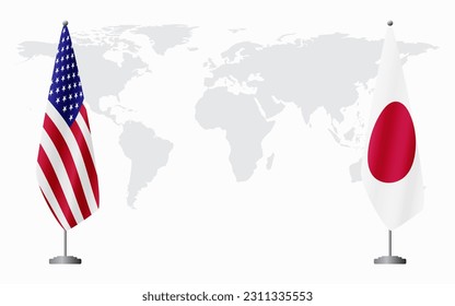 United States and Japan flags for official meeting against background of world map.