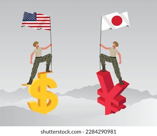 United States Japan Soldier on top of the mountain with the United States and Japan flag. 
illustration of United States Japan Army soilder holding flag of United States Japan - Yen vs Dollar