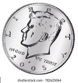 A United States JFK head half dollar coin isolated on a white background