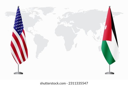 United States and Jordan flags for official meeting against background of world map.