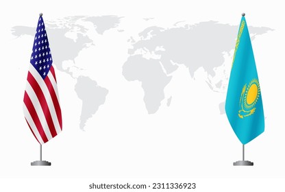 United States and Kazakhstan flags for official meeting against background of world map.