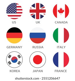 Estados Unidos, Reino Unido, Canadá, Rusia, Alemania, Japón, Corea del Sur, Italia y Francia Ilustración vectorial digital de icono de logotipo de bandera circular