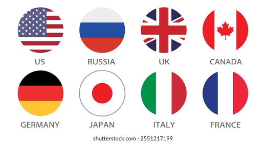 United States, United Kingdom, Canada, Russia, Germany, Japan, Italy and France circle flag logo icon digital vector illustration