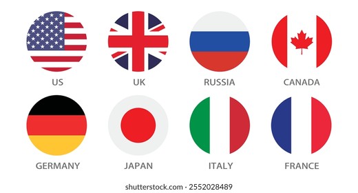 Estados Unidos, Reino Unido, Canadá, Rússia, Alemanha, Japão, Itália e França ícone do logotipo da bandeira do círculo ilustração vetorial digital