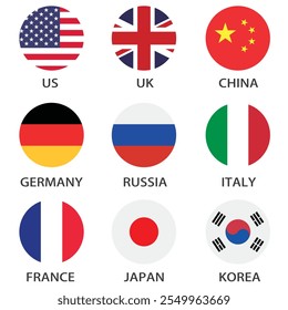 Estados Unidos, Reino Unido, China, Rússia, Alemanha, Japão, Coreia do Sul, Itália e França ícone do logotipo da bandeira do círculo ilustração vetorial digital