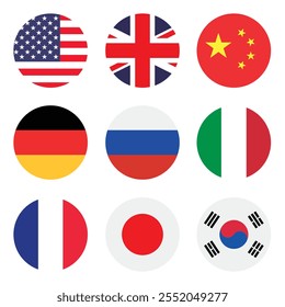 United States, United Kingdom, China, Russia, Germany, Japan, South Korea, Italy and France circle flag logo icon digital vector illustration