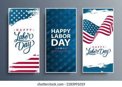 United States Labor Day celebration flyers set with American national flag. Happy Labor Day. USA national holiday vector illustration.