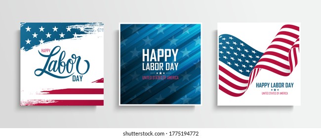 United States Labor Day greeting cards set with the american national flag. Happy Labor Day. USA national holiday vector illustration.