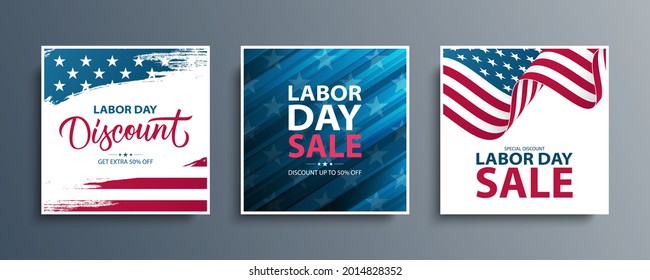 United States Labor Day Sale special offer promotional backgrounds set for business, advertising and holiday shopping. Labor Day sales events cards. Vector illustration.