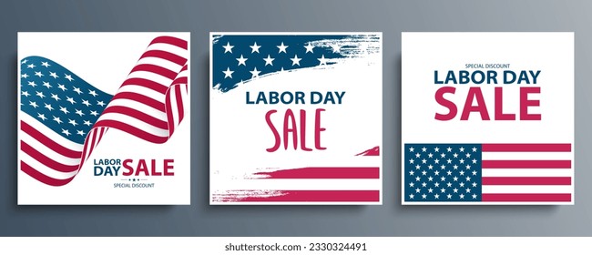 United States Labor Day Sale special offer promotional backgrounds set for business, advertising and holiday shopping. USA Labor Day sales events cards. Vector illustration.