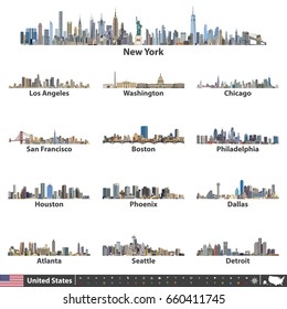 ilustración vectorial de los horizontes urbanos más grandes de los Estados Unidos. Iconos de navegación, ubicación y viaje; bandera y mapa de los Estados Unidos de América