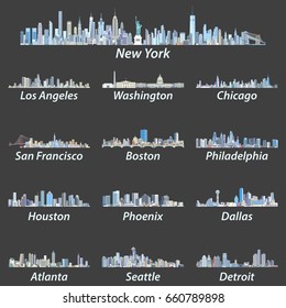 United States largest cities skylines in tints of blue color palette. Vector illustration