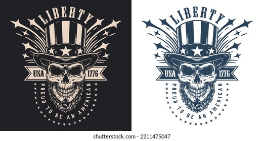 United States liberty vintage monochrome flyer with Abraham Lincoln bearded skull to celebrate signing Declaration Independence in 1776 vector illustration