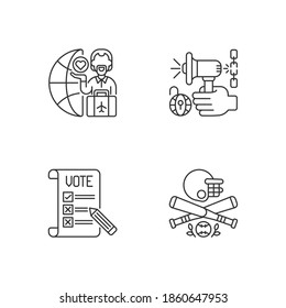 United States Linear Icons Set. Melting Pot. Speech Freedom. Voting Ballot. Baseball. Human Rights. Customizable Thin Line Contour Symbols. Isolated Vector Outline Illustrations. Editable Stroke