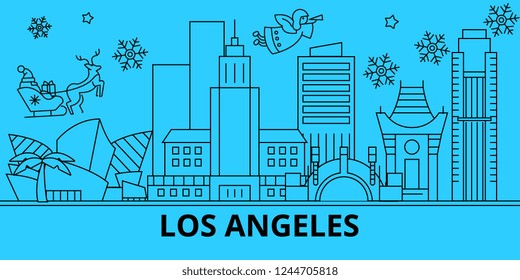United States, Los Angeles city winter holidays skyline. Merry Christmas, Happy New Year  with Santa Claus.United States, Los Angeles city linear christmas city vector flat illustration