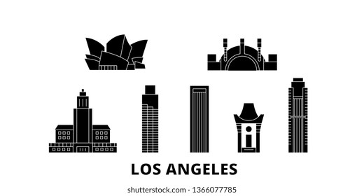 United States, Los Angeles flat travel skyline set. United States, Los Angeles black city vector panorama, illustration, travel sights, landmarks, streets.