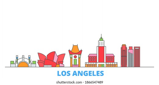 Estados Unidos, El paisaje urbano de línea Los Ángeles, vector plano. Punto de referencia de la ciudad de viajes, ilustración de oultine, íconos del mundo de la línea