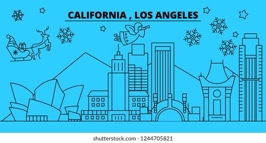 United States, Los Angeles winter holidays skyline. Merry Christmas, Happy New Year decorated banner with Santa Claus.United States, Los Angeles linear christmas city vector flat illustration