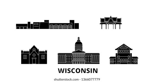 United States, Madison flat travel skyline set. United States, Madison black city vector panorama, illustration, travel sights, landmarks, streets.