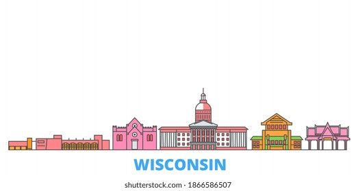 Estados Unidos, Madison line cityscape, vector plano. Punto de referencia de la ciudad de viajes, ilustración de oultine, íconos del mundo de la línea